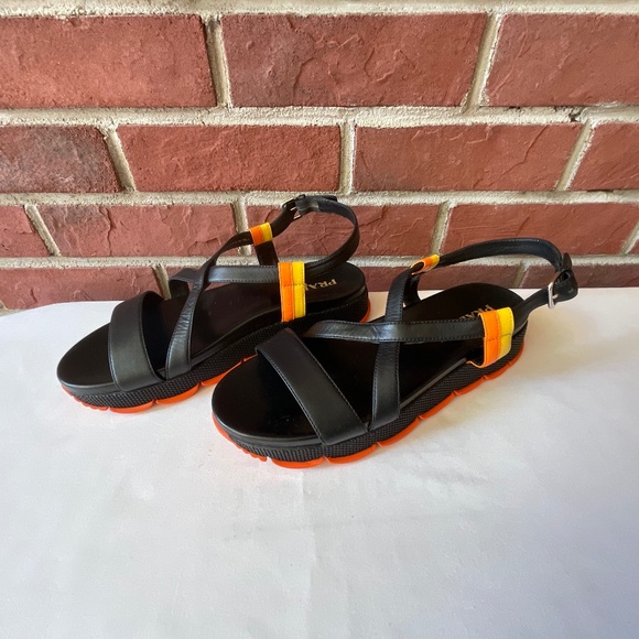 Prada Black Yellow Orange Leather Sandals Size 41 Made in Italy - Picture 1 of 16